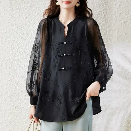 雪纺衬衫女春秋新款宽松加肥加大码女装胖MM减龄烫钻百搭长袖上衣商品大图