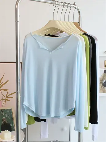 薄款微透半开领长袖t恤女夏宽松防晒衣罩衫瑜伽服上衣练功舞蹈服商品大图