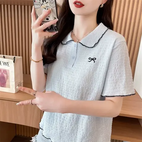 设计感小众polo领短袖t恤女2025新款夏季韩版宽松初中生百搭上衣商品大图