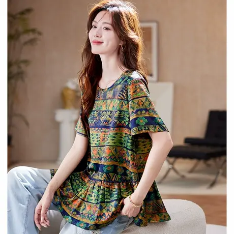 宝诗黎【新品价198元】荷叶边印花短袖T恤FFP2166图片