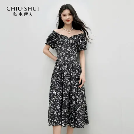 秋水伊人雪纺碎花连衣裙2025夏季新款女装时尚通勤V领优雅连身裙商品大图