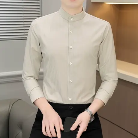 西装衬衫男士条纹立领衬衣长袖修身商务休闲免烫白衬衣寸衫上衣服商品大图