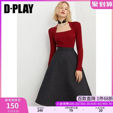 DPLAY秋装新复古黑色菱形格压棉少女大摆裙高腰挺阔半身裙图片