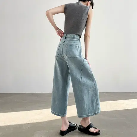 浅蓝色七分牛仔裤女夏季薄款款高腰窄版裤子小个子八分宽松阔腿裤商品大图