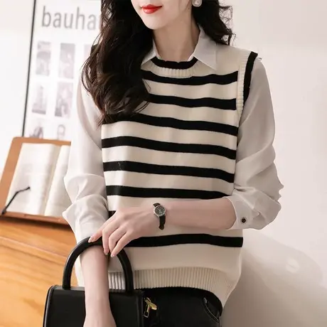 小香风条纹圆领针织马甲背心女春秋2025新款叠穿无袖坎肩外搭马夹商品大图