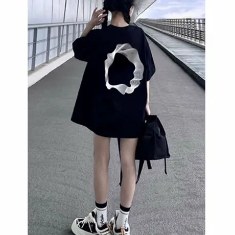 小众高街胖mm美式街头设计感几何印花黑色大码短袖t恤宽松情侣tee商品大图