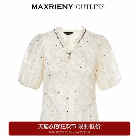 【奥莱】MAXRIENY复古赫本风蕾丝v领泡泡袖雪纺衫短袖上衣女商品大图