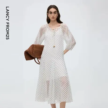 朗姿波点v领大摆连衣裙复古风高级感气质时尚长裙2025年秋季新款商品大图