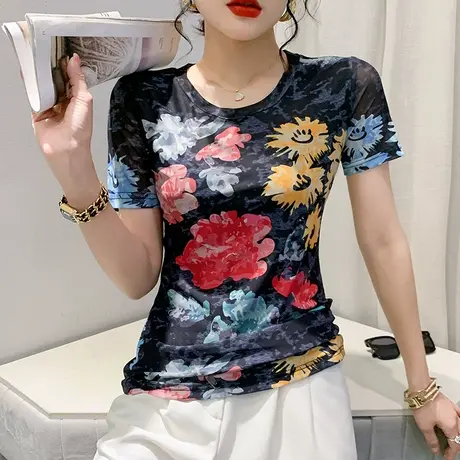 气质减龄女装性感网纱T恤短袖时尚圆领小衫设计感小众印花上衣夏商品大图