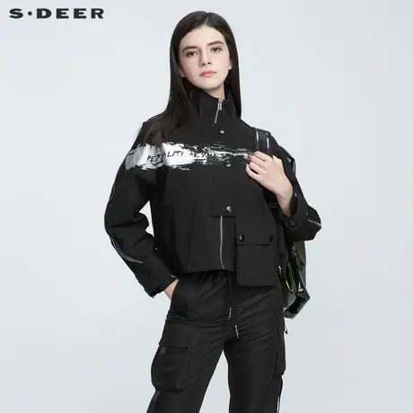 sdeer圣迪奥春秋装立领字母印花不规则口袋拼接外套S21182212图片