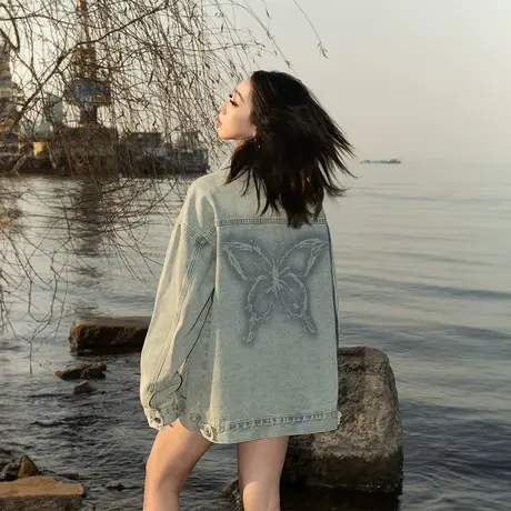 YEP复古蝴蝶印花牛仔外套女春秋2025年新款街头潮牌夹克宽松上衣图片