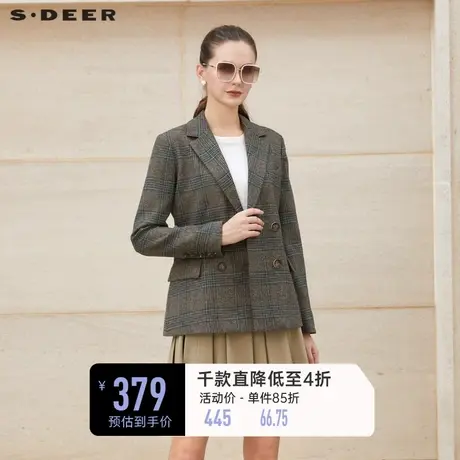 sdeer圣迪奥女装复古格纹双排扣毛呢西装外套S23362202图片