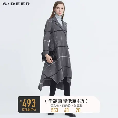 sdeer圣迪奥女装时尚翻领格纹不规则长款含羊毛毛呢大衣S20481817图片
