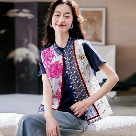 宝诗黎圆领亮片刺绣拼接镂空马甲2025夏季设计感时尚洋气显瘦外套商品大图