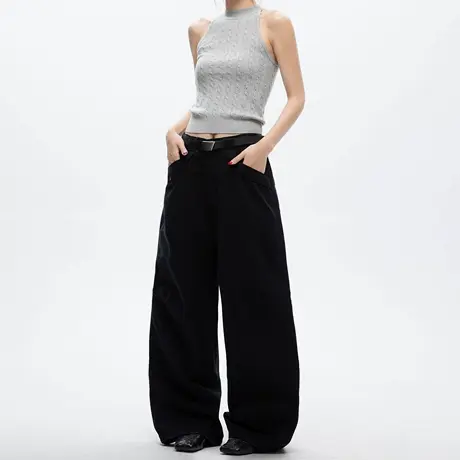 美式复古工装风阔腿牛仔裤女2025夏季新款宽松休闲情侣款弯刀长裤商品大图