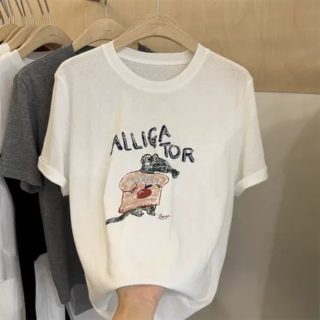 2025年夏季新款韩版时尚雪花棉短袖T恤女字母卡通印花宽松上衣服图片