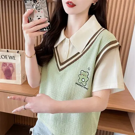 polo领短袖t恤女2025新款夏季韩版宽松小个子初中生假两件上衣服商品大图