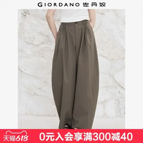 设计师款佐丹奴裤子女夏季高腰阔腿裤半松紧腰休闲萝卜裤18415514商品大图