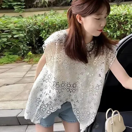法式复古白色蕾丝上衣女2025新款夏季不规则宽松洋气减龄气质小衫商品大图