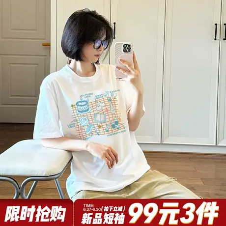 chic学院风宽松韩版正肩白色短袖t恤女小众可爱卡通印花纯棉上衣商品大图
