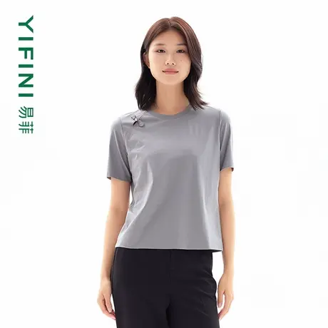 Yifini/易菲旗袍开襟新中式盘扣宽松短款国风圆领T恤女夏装上衣图片