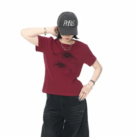 2025夏季新款正肩修身短款眼镜印花短袖T恤女美式辣妹风半袖上衣图片