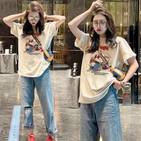 美式复古短袖t恤女2025春夏季新款欧货宽松圆领纯棉中长款上衣ins商品大图