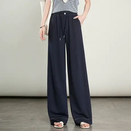 蓝色松紧腰阔腿裤女夏季薄款2025新款高腰垂感显瘦休闲裤直筒长裤商品大图