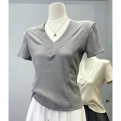 V领正肩短袖T恤女夏季韩版修身内搭打底衫鱼骨正肩短款半袖上衣潮图片