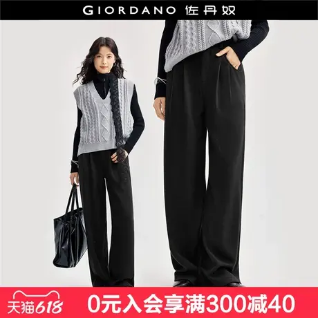 佐丹奴裤子女新款闪银肌理黑色阔腿裤半松紧腰休闲长裤女18414516商品大图