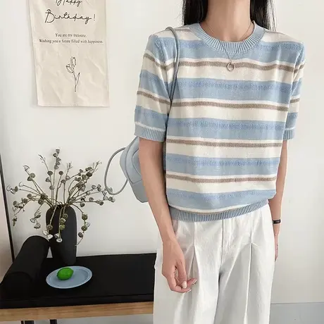 条纹正肩针织短袖t恤女2025新款夏季设计感薄款半袖短款打底上衣图片
