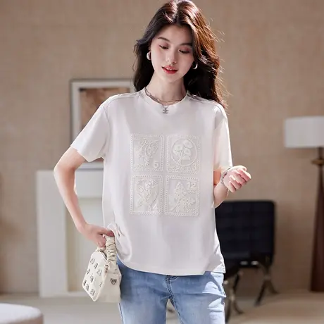 宝诗黎圆领棉质刺绣白色T恤女2025夏季简约休闲百搭宽松短袖上衣商品大图