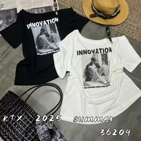 欧货2025夏季新款斜领露肩系带短袖T恤女复古人物字母印花短上衣商品大图