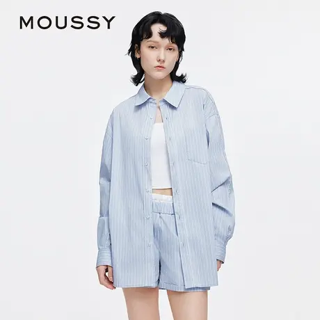 MOUSSY 2025夏季新品运动风翻领宽松条纹长袖衬衫女028ISA30-0002图片