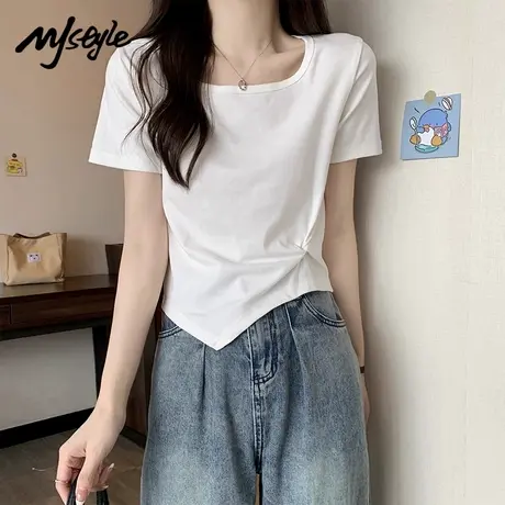 MJ STYLE2025夏季新款正肩短袖t恤女褶皱不规则显瘦美式短款上衣商品大图