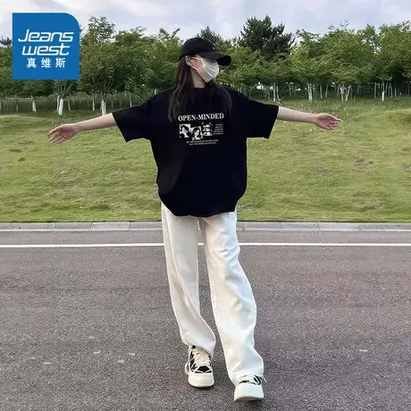 KMV真维斯黑色纯棉短袖t恤女士2025夏季新款宽松休闲内搭打底上衣商品大图