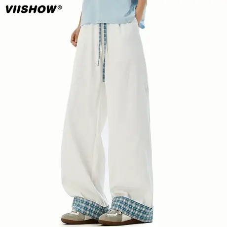 VIISHOW美式拼接格纹休闲裤男潮牌显瘦阔腿裤秋宽松百搭直筒长裤图片