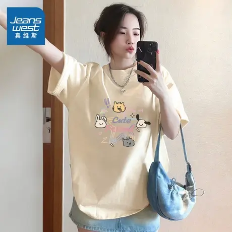 KMV真维斯美式短袖t恤女夏季新款设计感印花小众纯棉宽松百搭上衣商品大图