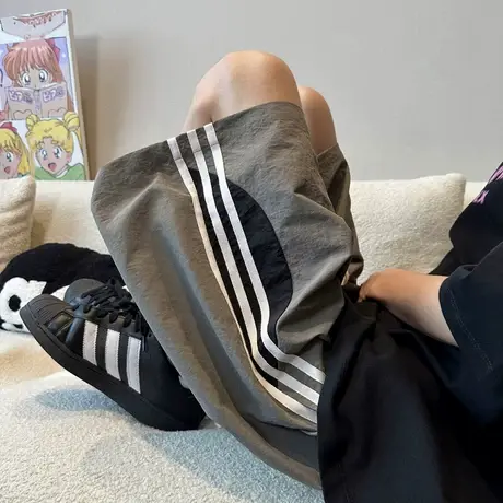 短裤男夏季新款休闲美式直筒运动裤大码高街宽松潮牌条纹五分裤子商品大图