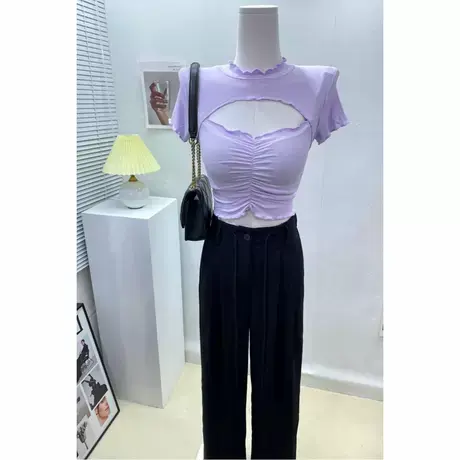 甜茶辣妹~韩国ins网红性感镂空低胸短袖t恤女修身木耳边短款上衣图片