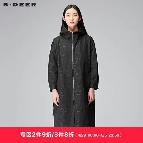 sdeer圣迪奥秋装女装印花连帽抽绳系腰长款风衣外套S18181812图片