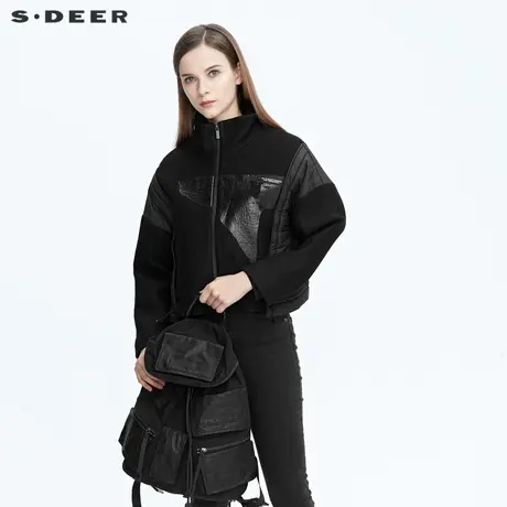 sdeer圣迪奥冬季时尚立领拼接字母黑色毛呢短款外套女S20482208图片
