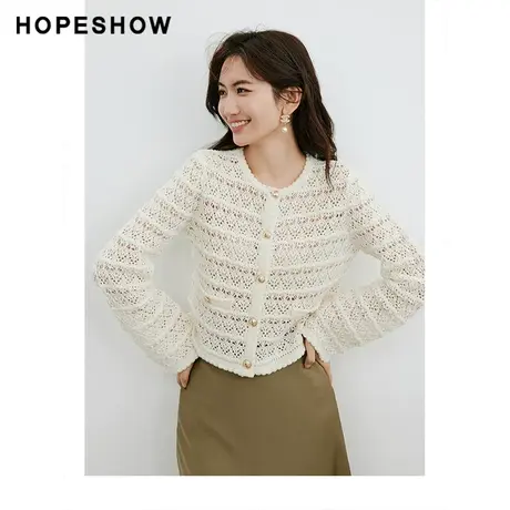 红袖复古钩花单排扣开衫hopeshow2024春季新款薄款镂空淑女针织衫商品大图
