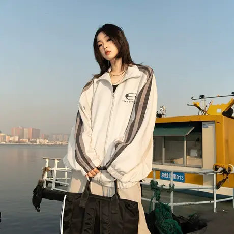 YEP潮牌印花开衫外套女春秋2025年新款复古运动夹克宽松绒面上衣图片