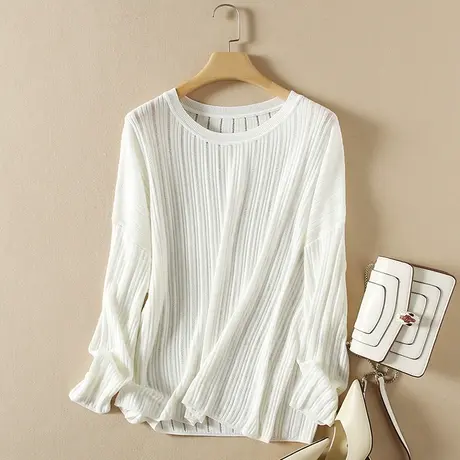 美丽诺羊毛春装女2024新款毛衣女宽松大码套头上衣薄款针织打底衫商品大图