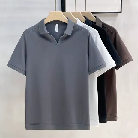春夏季V领复古纯色珠地翻领POLO休闲体恤衫轻熟商务短袖通勤男装商品大图