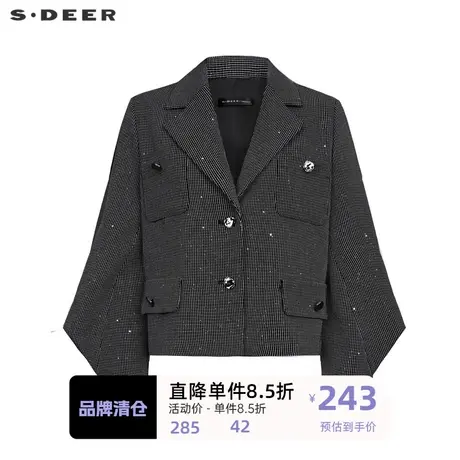 sdeer圣迪奥女装复古西装领格纹宫廷袖外套S23362201图片
