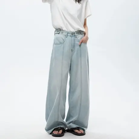 美式复古天丝高腰阔腿牛仔长裤女2025夏季新款宽松显瘦休闲直筒裤商品大图