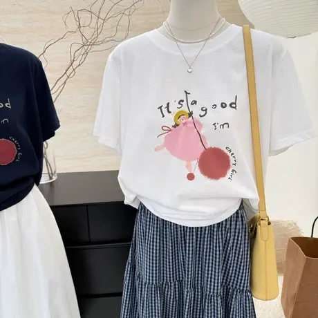 夏季新款韩系百搭卡通印花宽松减龄显瘦短袖T恤女凉感雪花棉上衣图片