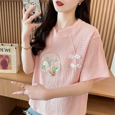 设计感小众v领短袖t恤女2025新款夏季韩版宽松小个子中国风上衣服商品大图